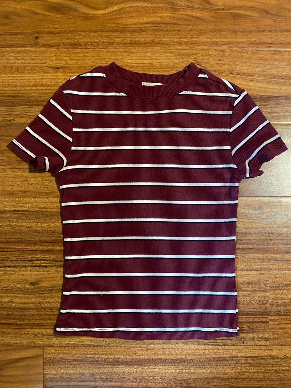 Ultra Flirt xs maroon and white horizontal striped ribbed knit baby tee